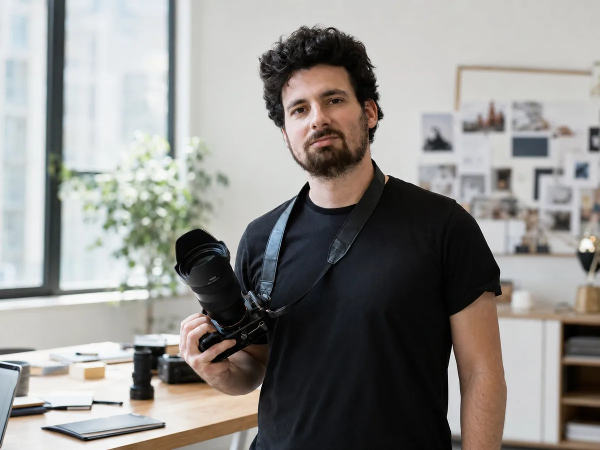 Daniel Mayorov mit Kamera in einer hellen kreativen Arbeitsumgebung